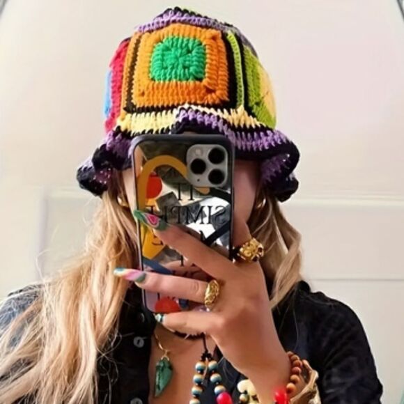 Crochet Hat Colorful Handmade Plaid Sun Hat - Picture 1 of 12